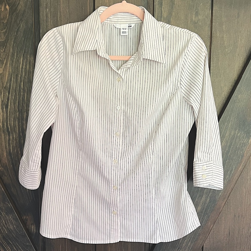 H&M White With Black Pinstripes 3/4 Sleeve Stretchy Button Down Shirt Size 10